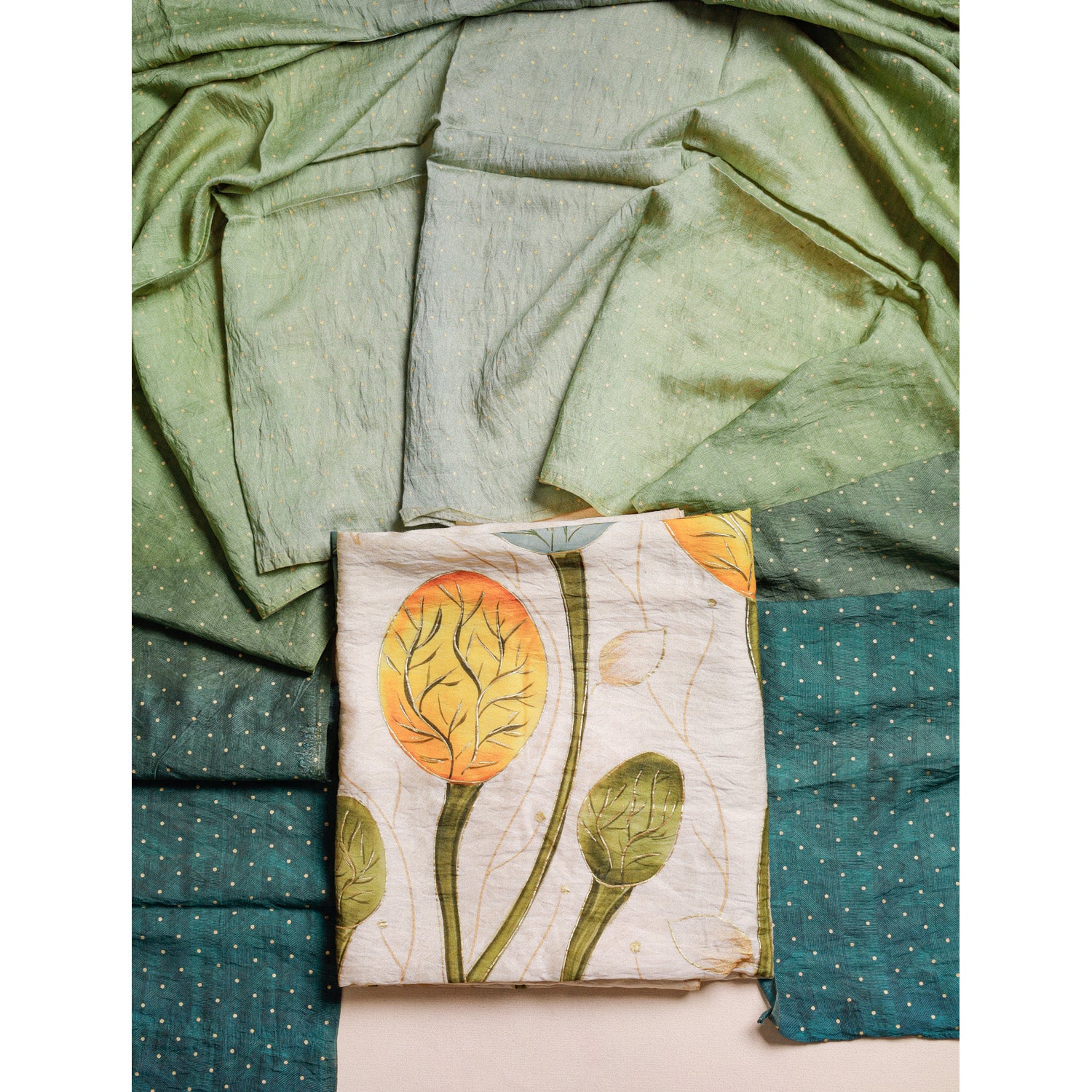 GULZAR'E'MOGRA -  BRUSH PAINTED MOGRA CHANDERI SUIT SET