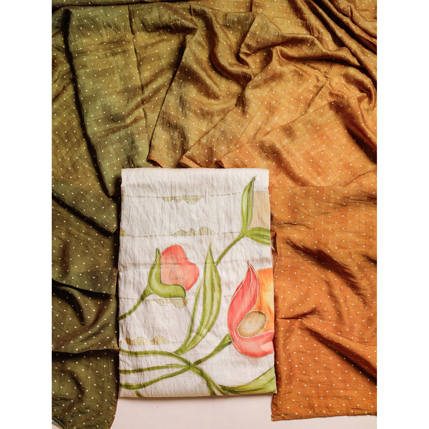 GULZAR'E'MOGRA -  BRUSH PAINTED MOGRA CHANDERI SUIT SET