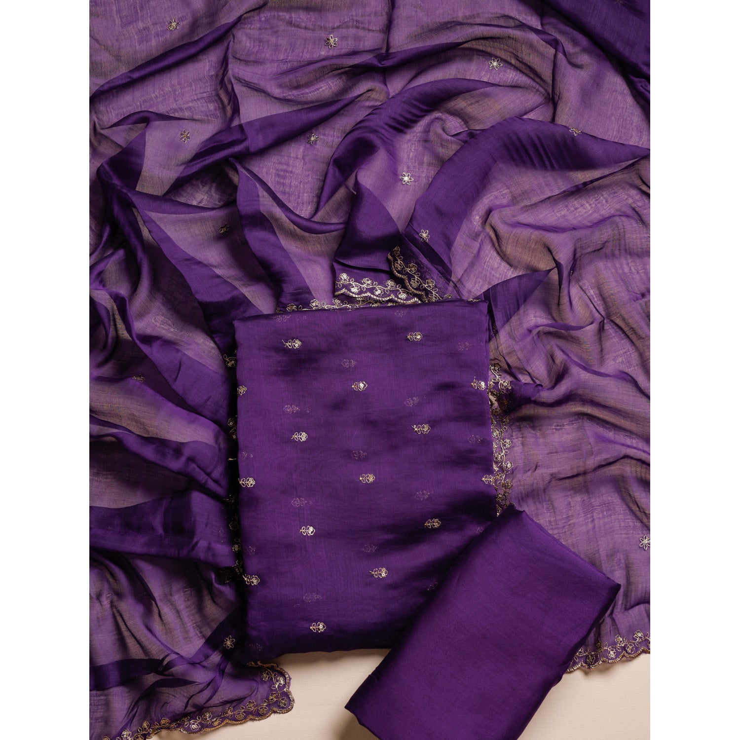 MUL CHANDERI SILK ZARI EMBROIDERED SUIT SET