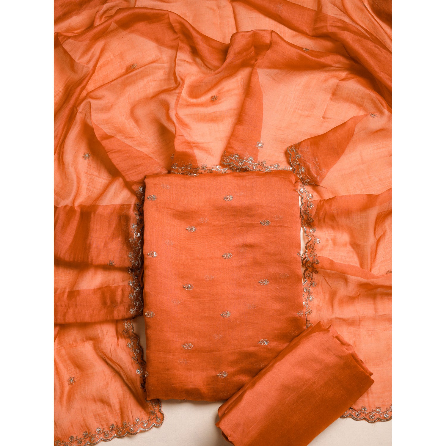 MUL CHANDERI SILK ZARI EMBROIDERED SUIT SET