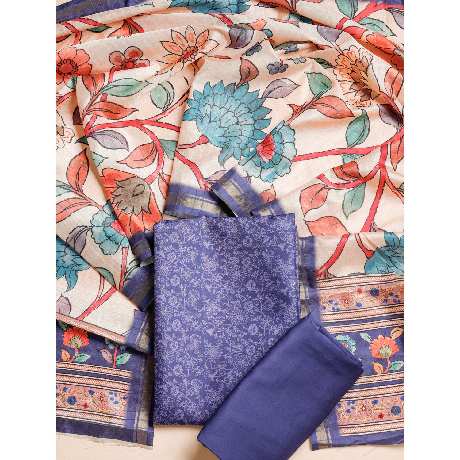 SEMI TUSSAR SILK KALAMKARI SUIT SET