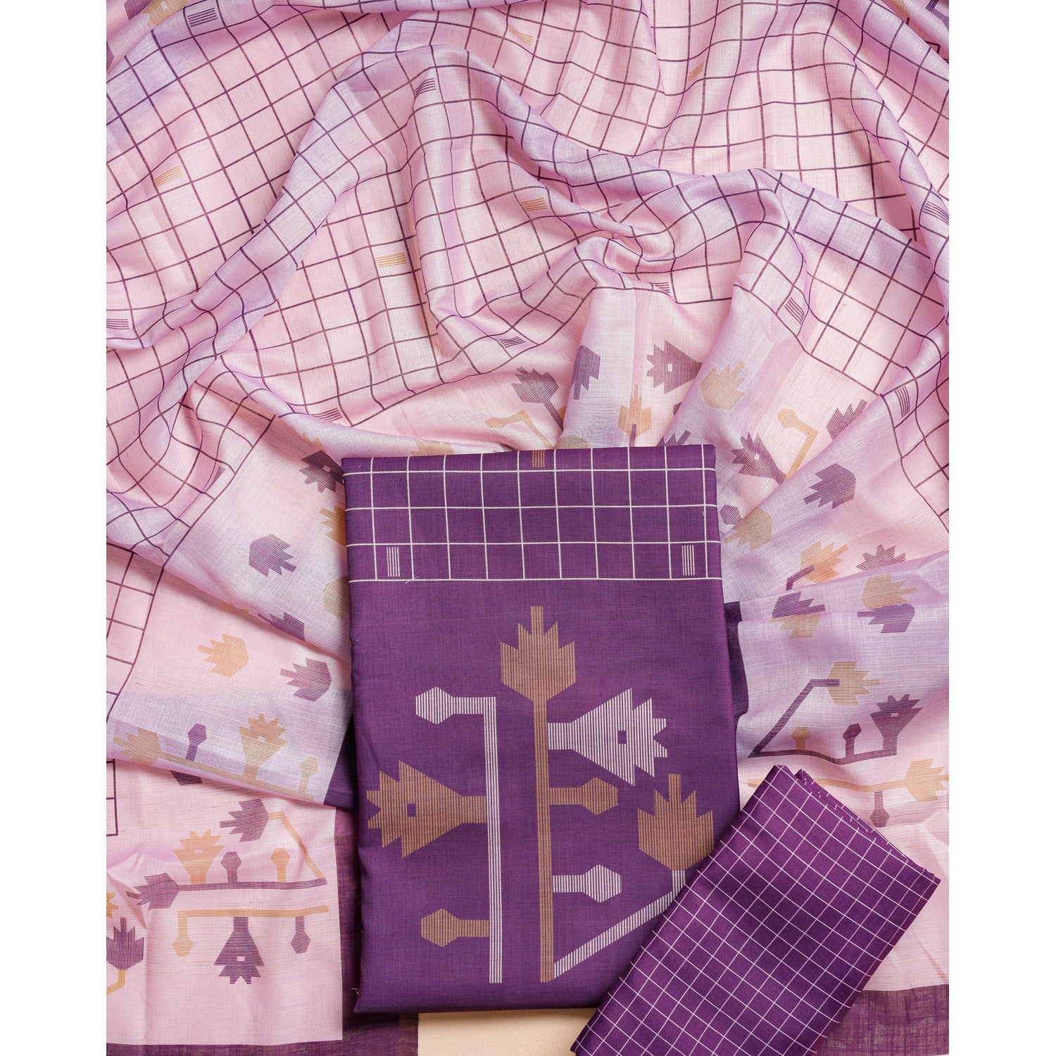 SEMI LINEN PRINTED JAMDHANI SUIT SET