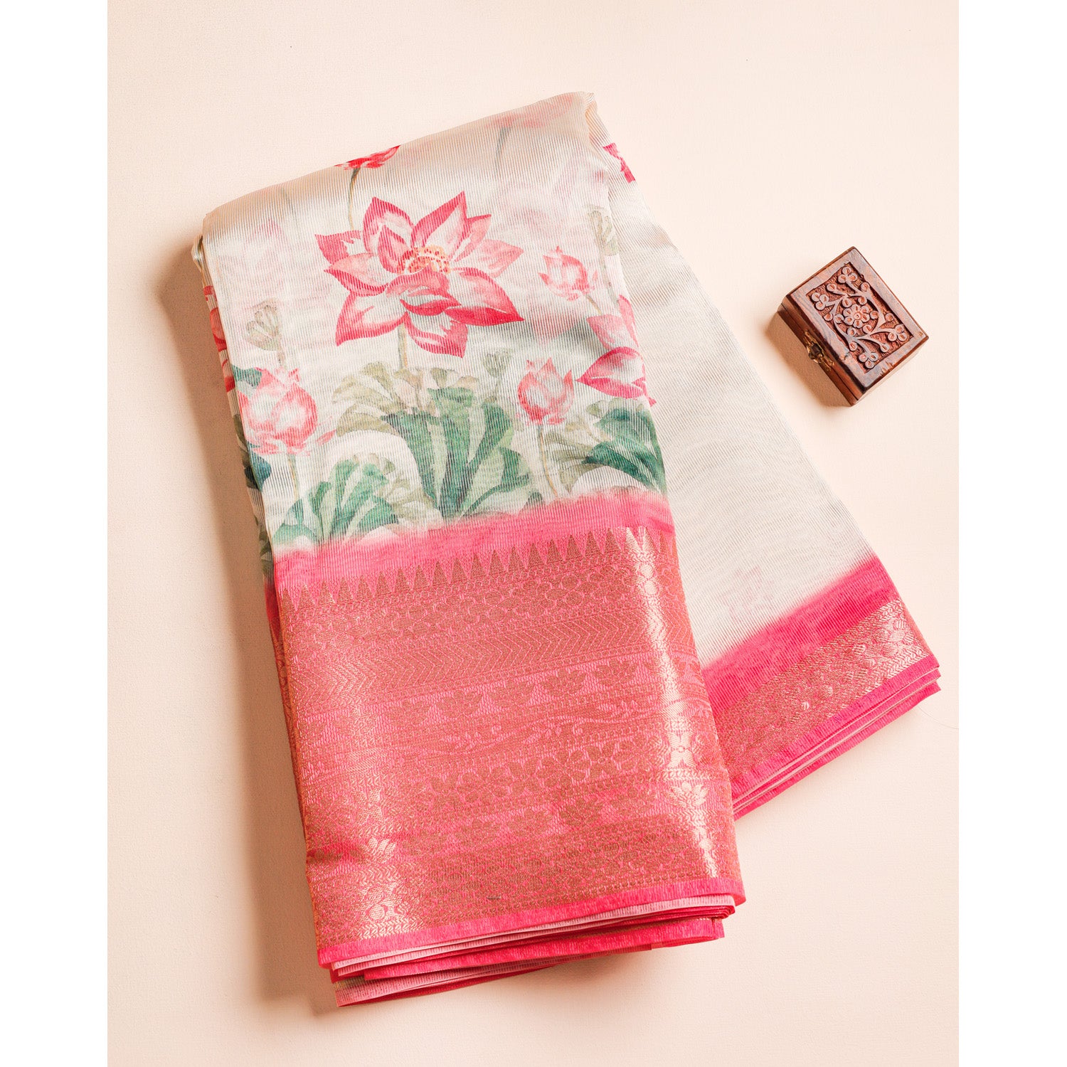 PRINTED SEMI TISSUE SILK BORDER FABRIC