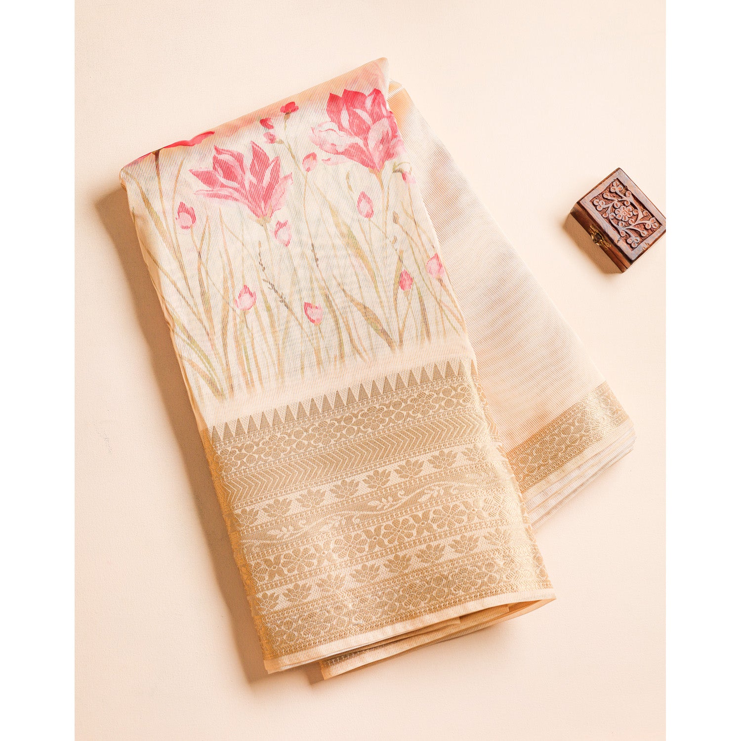 PRINTED SEMI TISSUE SILK BORDER FABRIC
