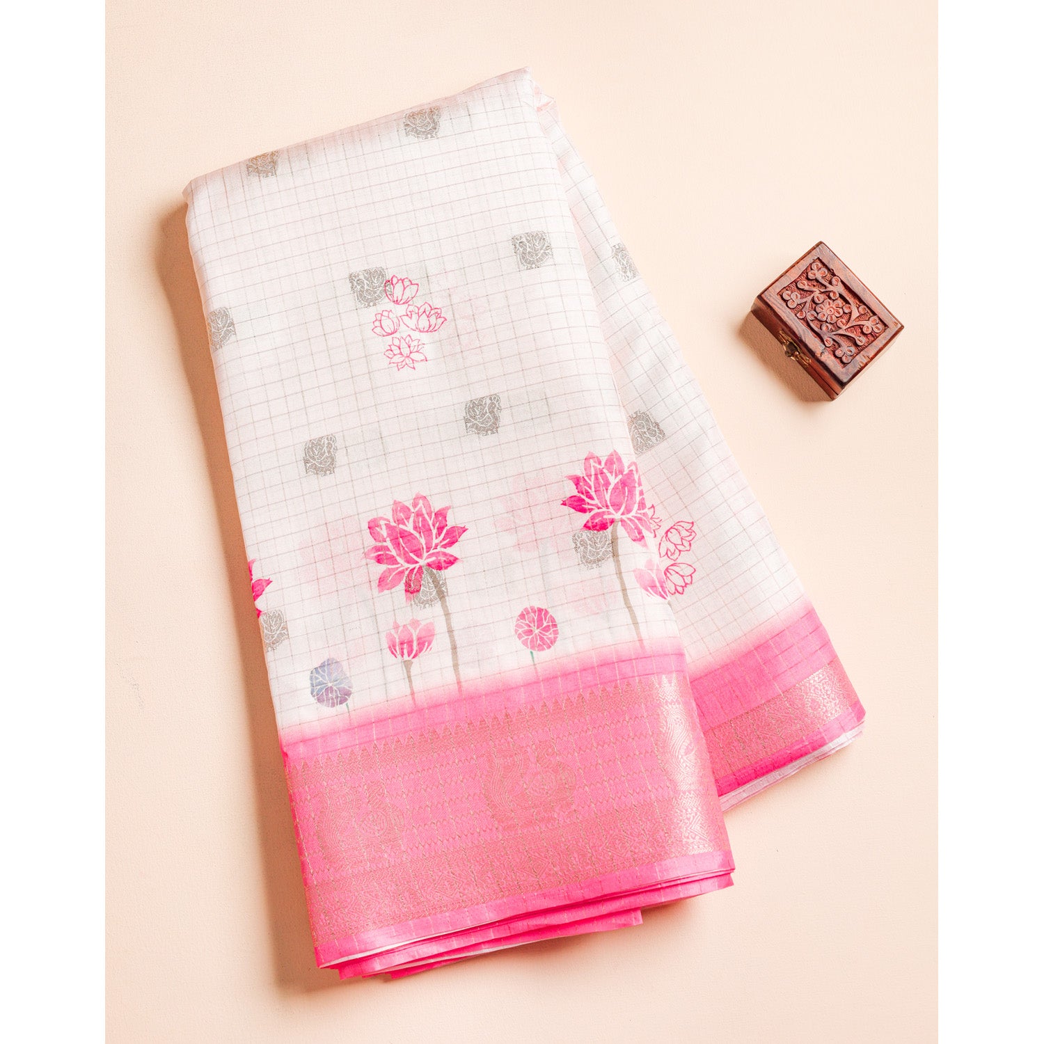PRINTED CHANDERI CHECKS BORDER FABRIC