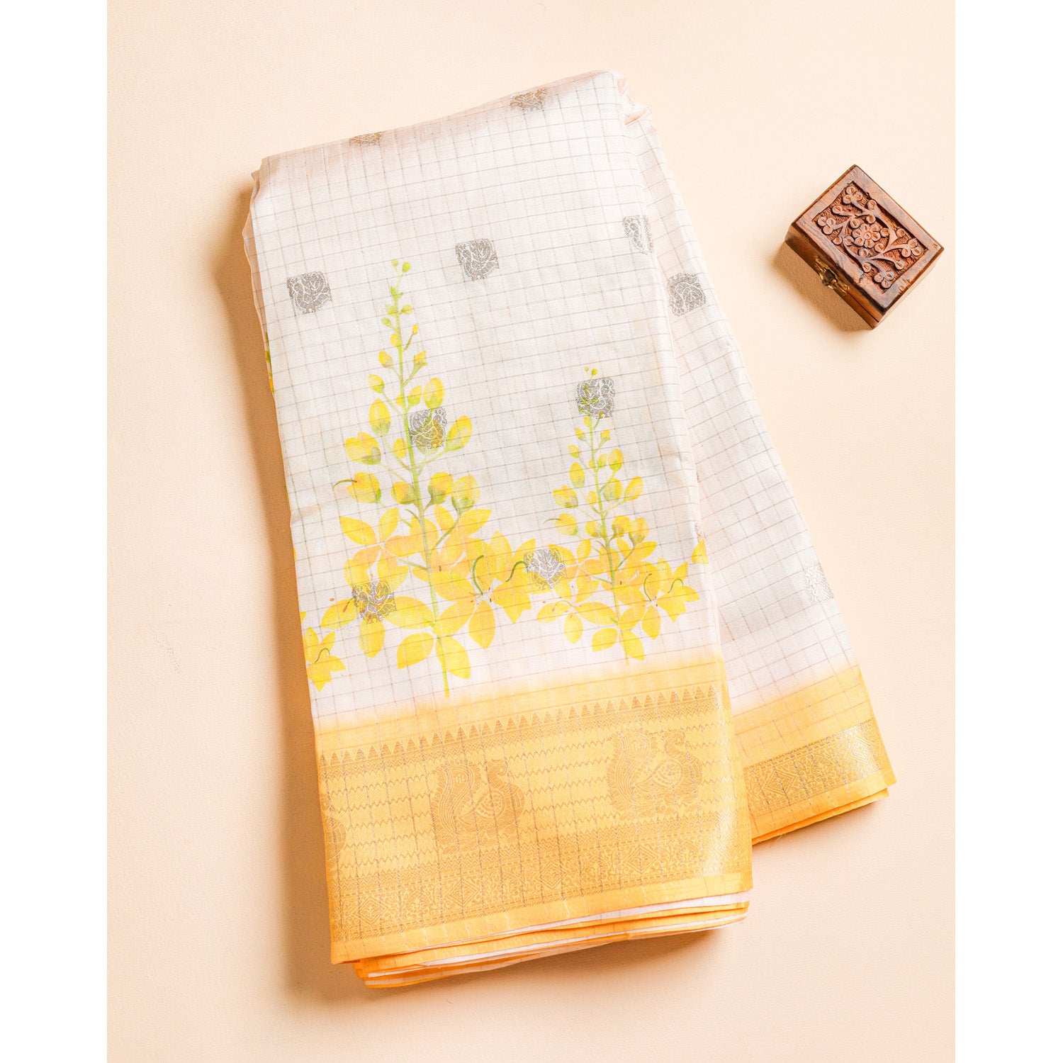 PRINTED CHANDERI CHECKS BORDER FABRIC