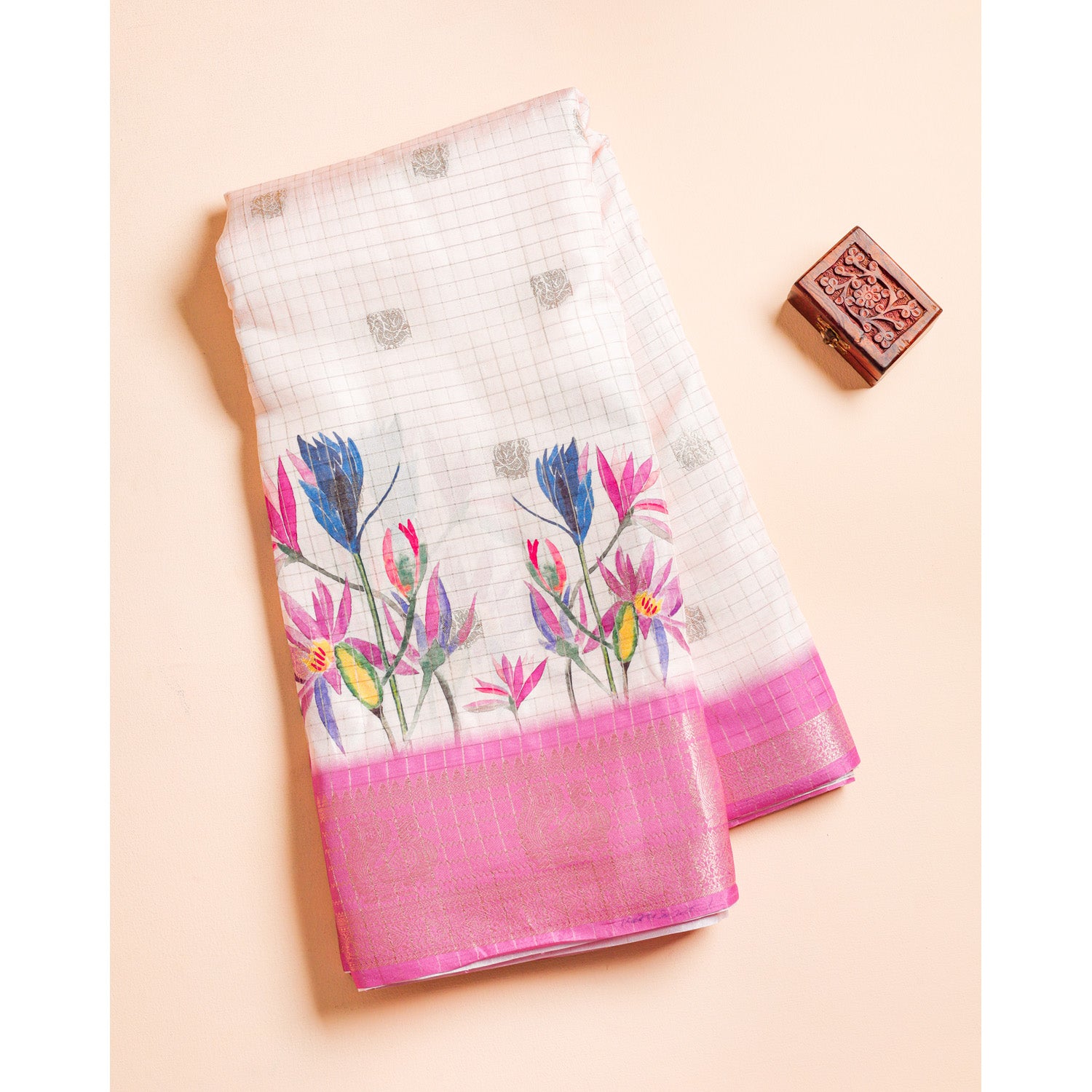 PRINTED CHANDERI CHECKS BORDER FABRIC