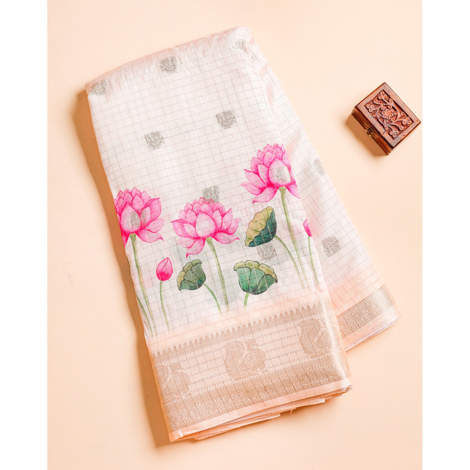 PRINTED CHANDERI CHECKS BORDER FABRIC