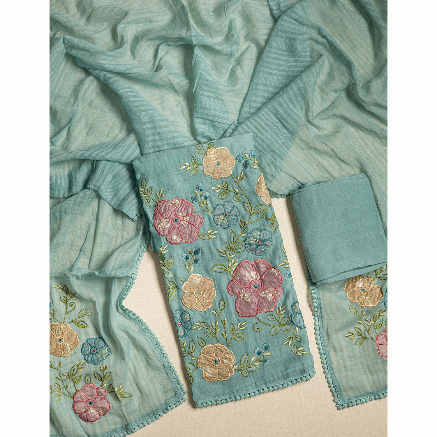 PURE MALAI CHANDERI EMBROIDERED SUIT SET