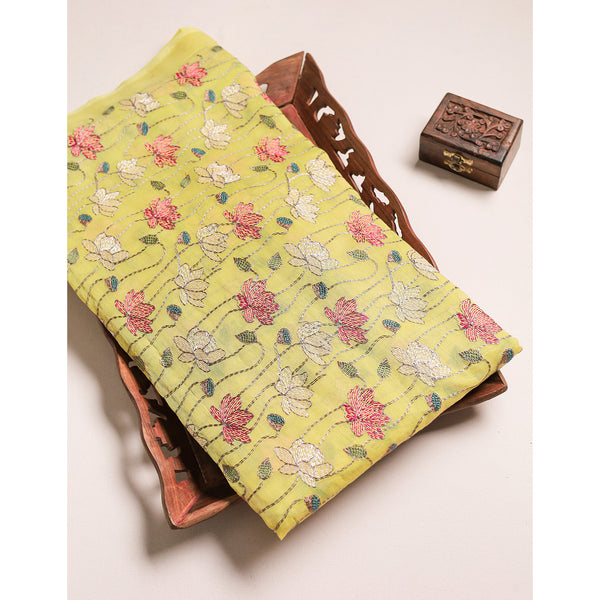 PURE MALAI CHANDERI EMBROIDERED FABRIC