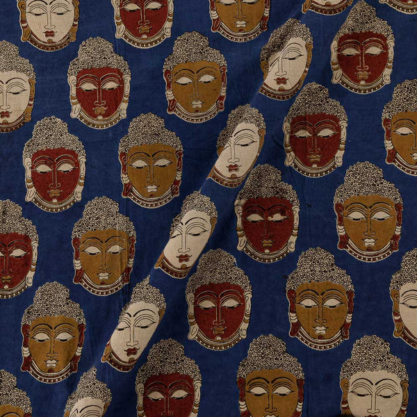 Cotton Blue Colour Buddha Face Motif Print Kalamkari Fabric Online 2186NH