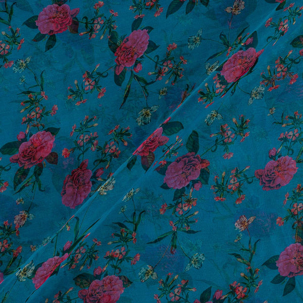 Organza Ocean Blue Colour 42 Inches Width Digital Floral Print Fabric