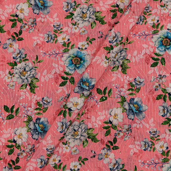 Buy Chinon Chiffon Peach Pink Colour Tikki & Thread Embroidered Fabric Online 3021C