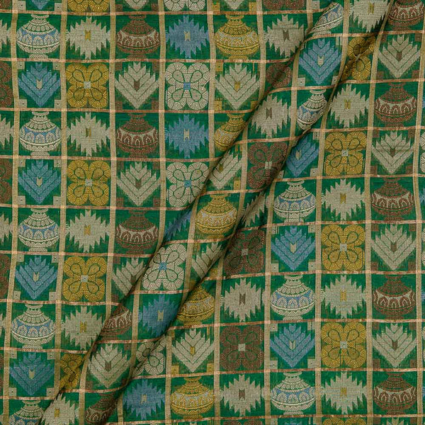 Chanderi Feel Leaves Green Colour Geometric Pattern With Gold Checks Jacquard Fabric Online 6054G
