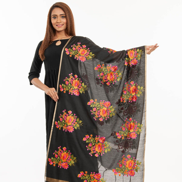 Black Colour Floral Embroidered Gold Zari Border Chanderi Feel Dupatta freeshipping - SourceItRight