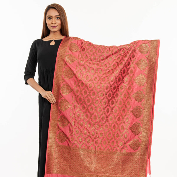 Coral Pink Colour Copper Zari Jaal & Butta Print Katan Silk Type Banarasi Dupatta freeshipping - SourceItRight