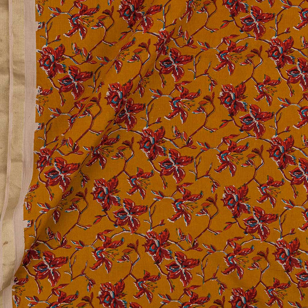 Cotton Satin Apricot Orange Colour Jaal Print with One Side Gold Border Fabric Online 9050BC1