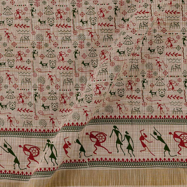 Buy Slub Khadi Off White Colour Warli with Two Side Gold Border Print Fabric Online 9483Q