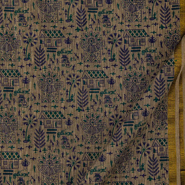 Warli With Two Side Border Print On Textured Two Ply Dark Beige X Black Cross Tone Cotton Fabric Online 9483S2