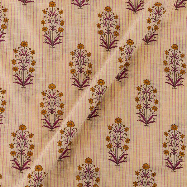 Slub Cotton Cream Colour Stripes with Floral Butta Print Fabric Online 9589I