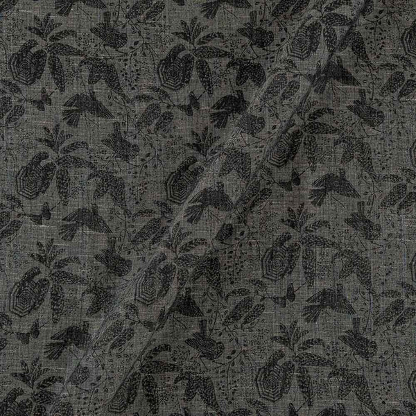 Floral Jaal with Bird Motif Print on Grey X Black Cross Tone Jute Type Cotton Fabric Online 9629AH1
