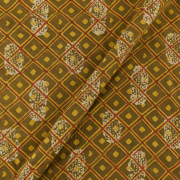 Dabu Cotton Mehendi Green Colour Checks Hand Block Print Fabric Online 9727J
