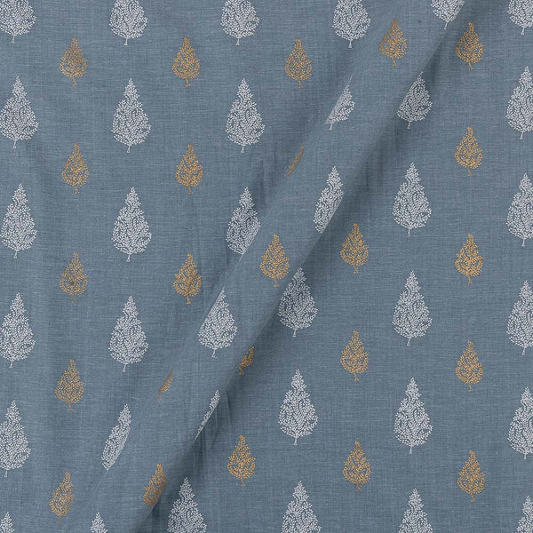 Premium White and Gold Foil Leaves Print on Grey X White Cross Tone Cotton Fabric Online 9728X2