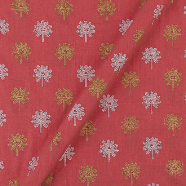 Premium White and Gold Foil Floral Print with One Side Gold Border on Sugar Coral Colour Cotton Fabric Online 9728X5