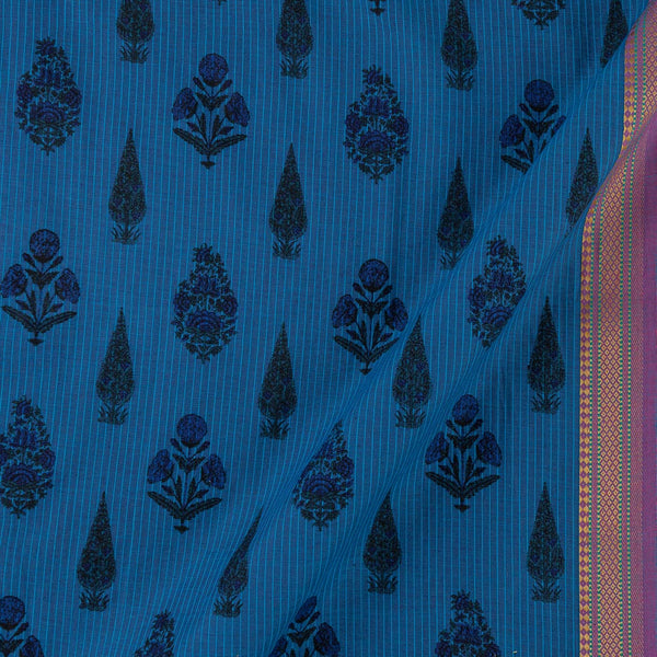Buy South Cotton Blue X Purple Cross Tone Floral with One Side Zari Border Fabric Online 9827AM