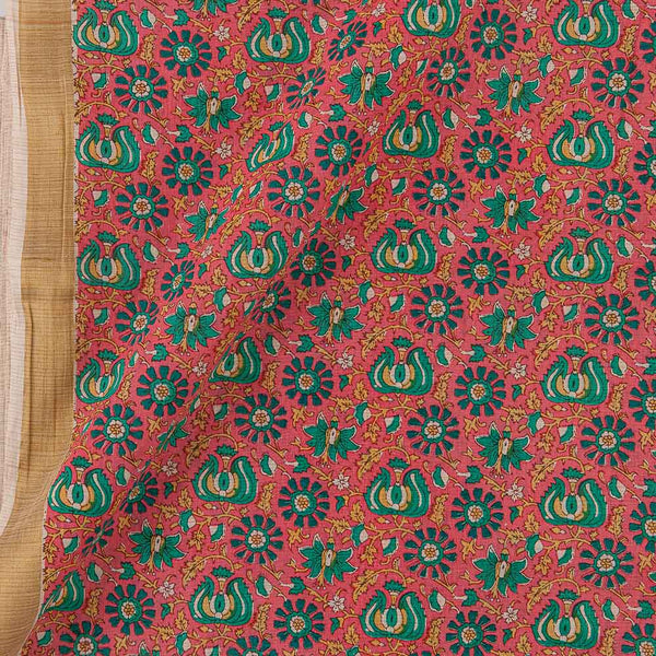 Cotton Coral Colour Jaal with Two Side Gold Border Fabric Online 9827AN
