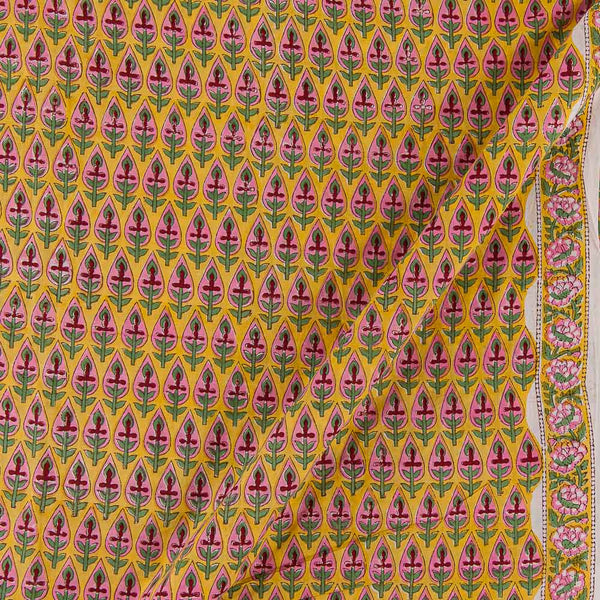 Soft Cotton Lemon Yellow Colour Leaves with One Side Border Jaipuri Hand Block Print Fabric Online 9845R 