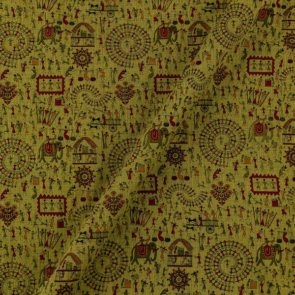 Warli With Two Side Border Parrot Green X Yellow Cross Tone Fancy Chanderi Feel Fabric Online 9853AT4
