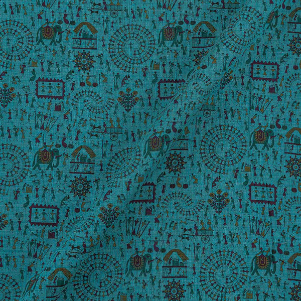 Warli With Two Side Border Blue X Mustard Cross Tone Fancy Chanderi Feel Fabric Online 9853AT5