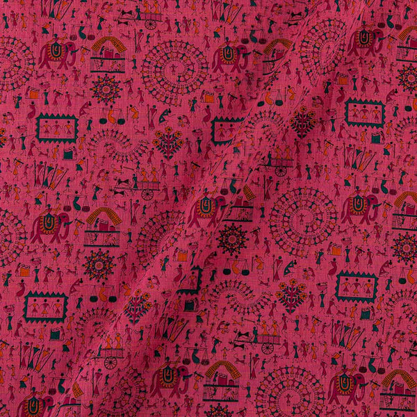 Warli With Two Side Border Pink X Mustard Cross Tone Fancy Chanderi Feel Fabric Online 9853AT8
