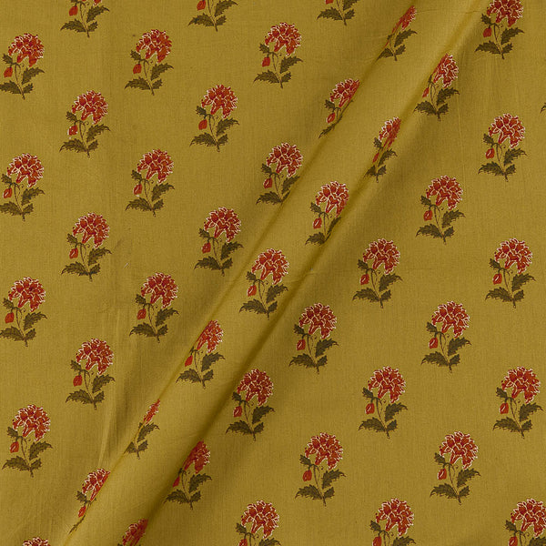 Acid Lime Colour Floral Block Gold Print On Premium Cotton Satin Fabric Online 9913O